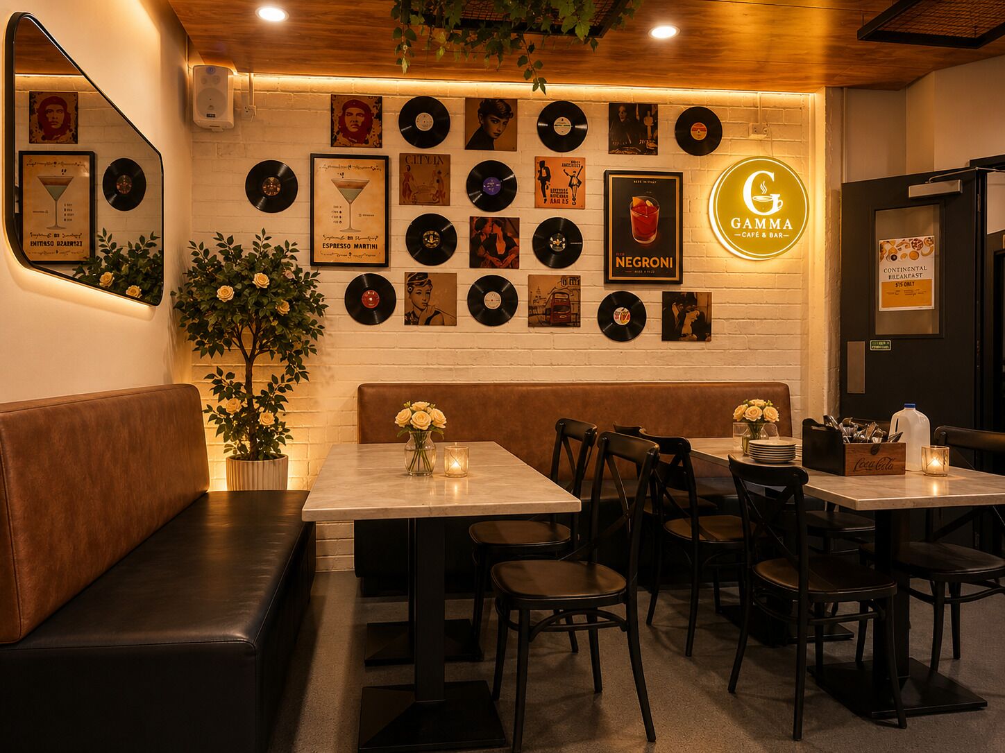 A restaurant interior with a wall of vinyl records, a neon sign, and a seating area with tables and chairs.