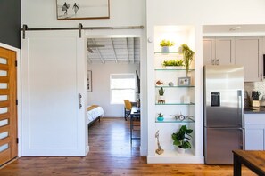 Charming studio details with a sliding barn door