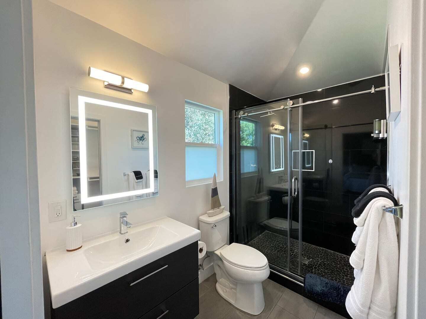 Regadera, secadora de cabello, toallas, jabón 