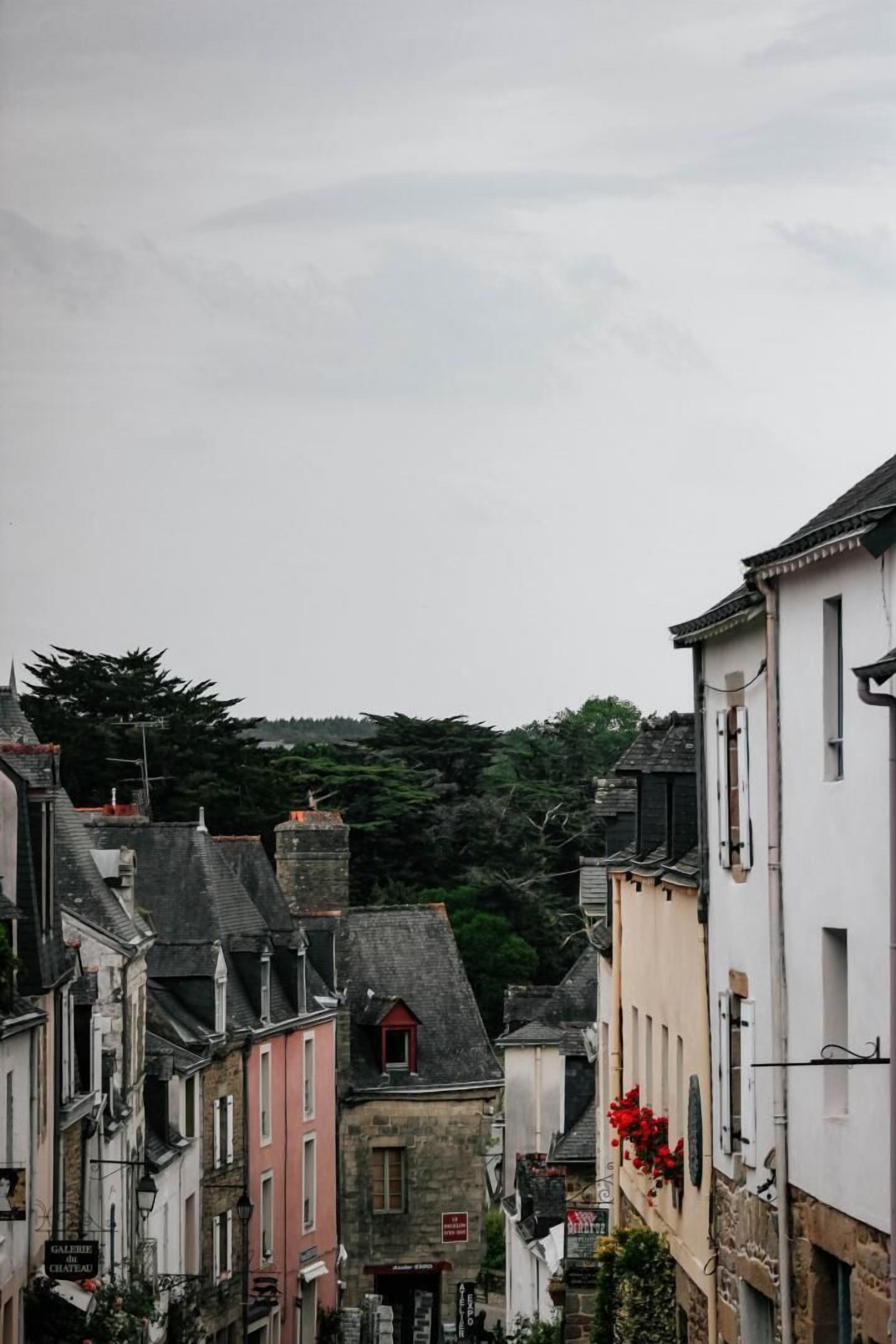 A narrow street lined with historic buildings, some with visible signage, and a lush green hill in the background.
