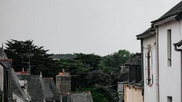 A narrow street lined with historic buildings, some with visible signage, and a lush green hill in the background.