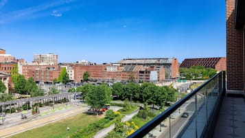 Eine Stadtansicht mit Gebäuden, einer Brücke und einem Grünanlage.