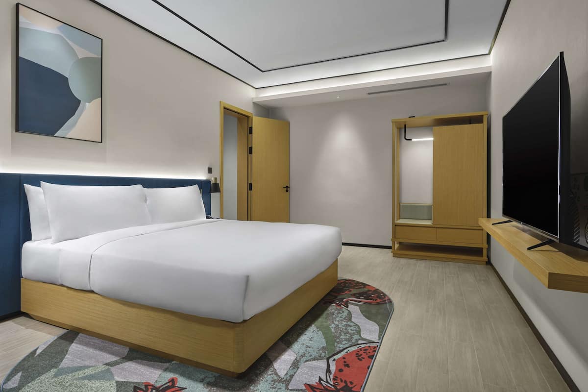 A modern hotel room with a large bed, a flat-screen TV, a wardrobe, and a ceiling light fixture.