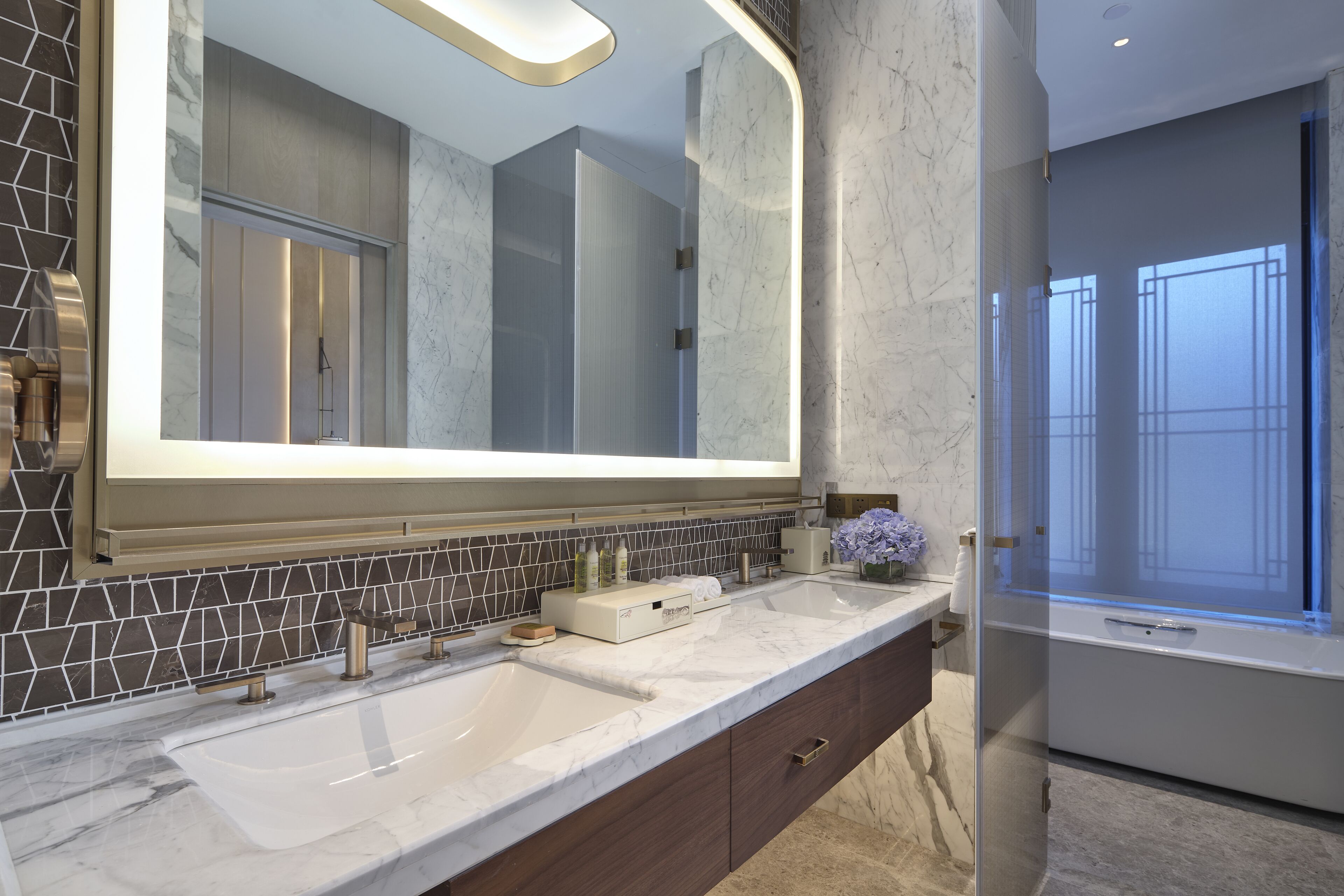 rainfall showerhead, hair dryer, bathrobes, slippers