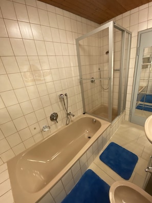 Baignoire, sĂšche-cheveux, bidet, serviettes fournies