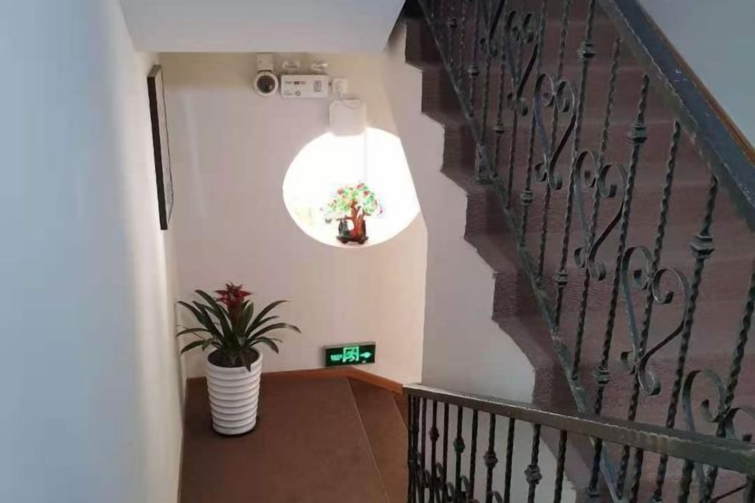 A staircase with a metal railing, a potted plant, a wall-mounted light fixture, and a small window with a decorative item.