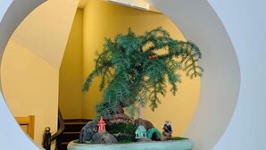 A circular view of a room with a small indoor garden featuring a bonsai tree, a rock formation, and miniature structures resembling a pagoda and a house. - Impression Boutique Hotel (Shanghai Fengzhuang Metro Station Store) (Shanghai)