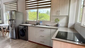 Eine moderne Küche mit Edelstahlgeräten, einer integrierten Waschmaschine und einem großen Fenster mit Jalousien.