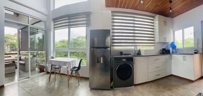 Modern apartment with 18 feet ceilings and private terrace with view to a park