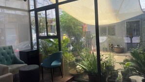 A modern interior with large windows, a seating area with a blue chair, and a variety of potted plants. - Nanchang 520 Youth Hotel (Mailu Campus Center store of University of Finance and Economics) (Nanchang)