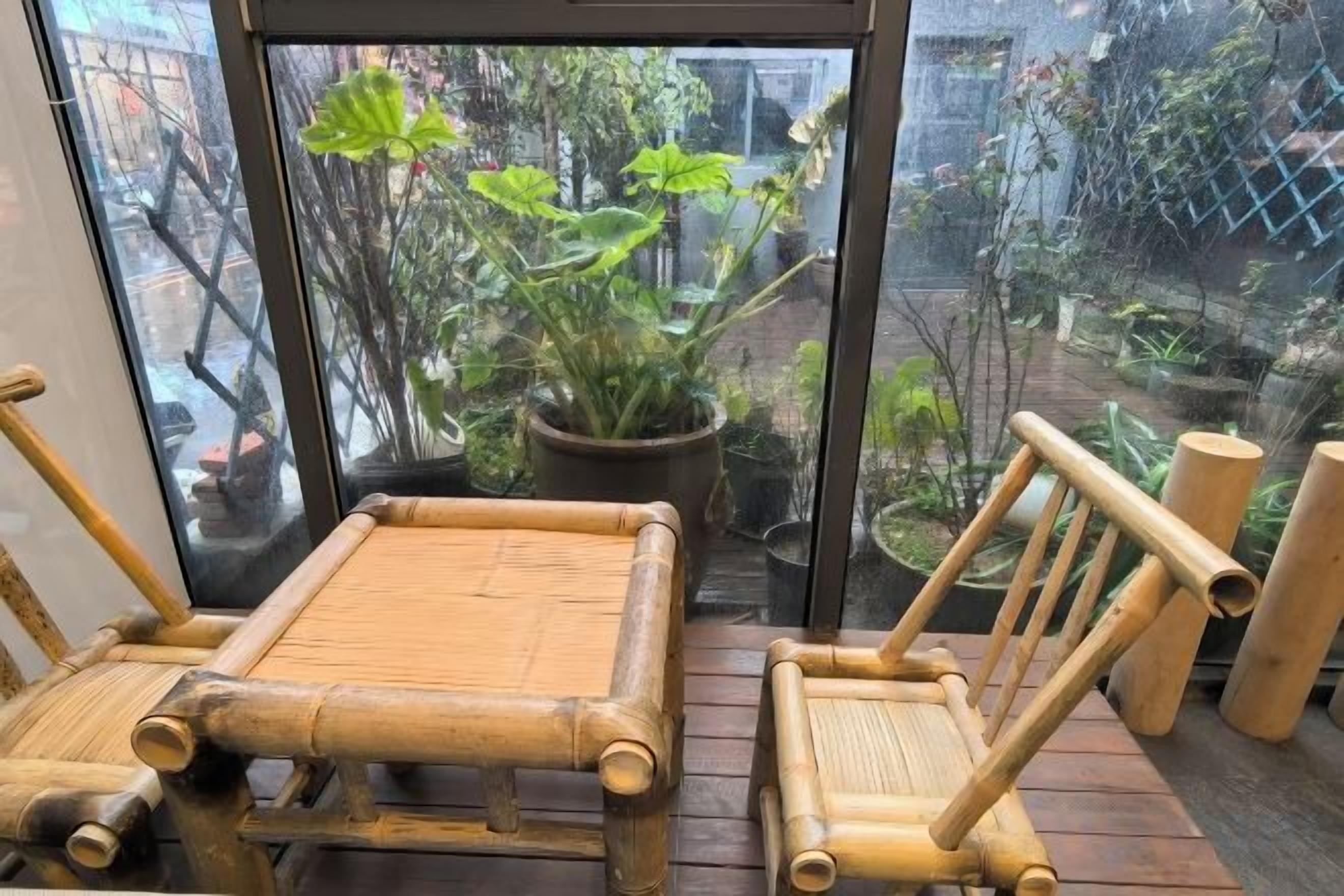 A room with a glass door leading to a garden, featuring two wooden chairs and a potted plant.