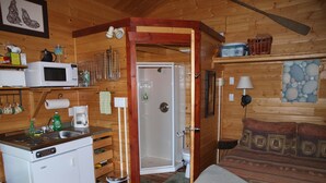A compact cabin with a kitchenette, a shower, and a sofa.