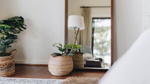 A room with a large mirror, a television, and two potted plants. - New! Breathtaking Patio Ocean Views, Private Riviera Retreat 30 Day Minimum (Santa Barbara)