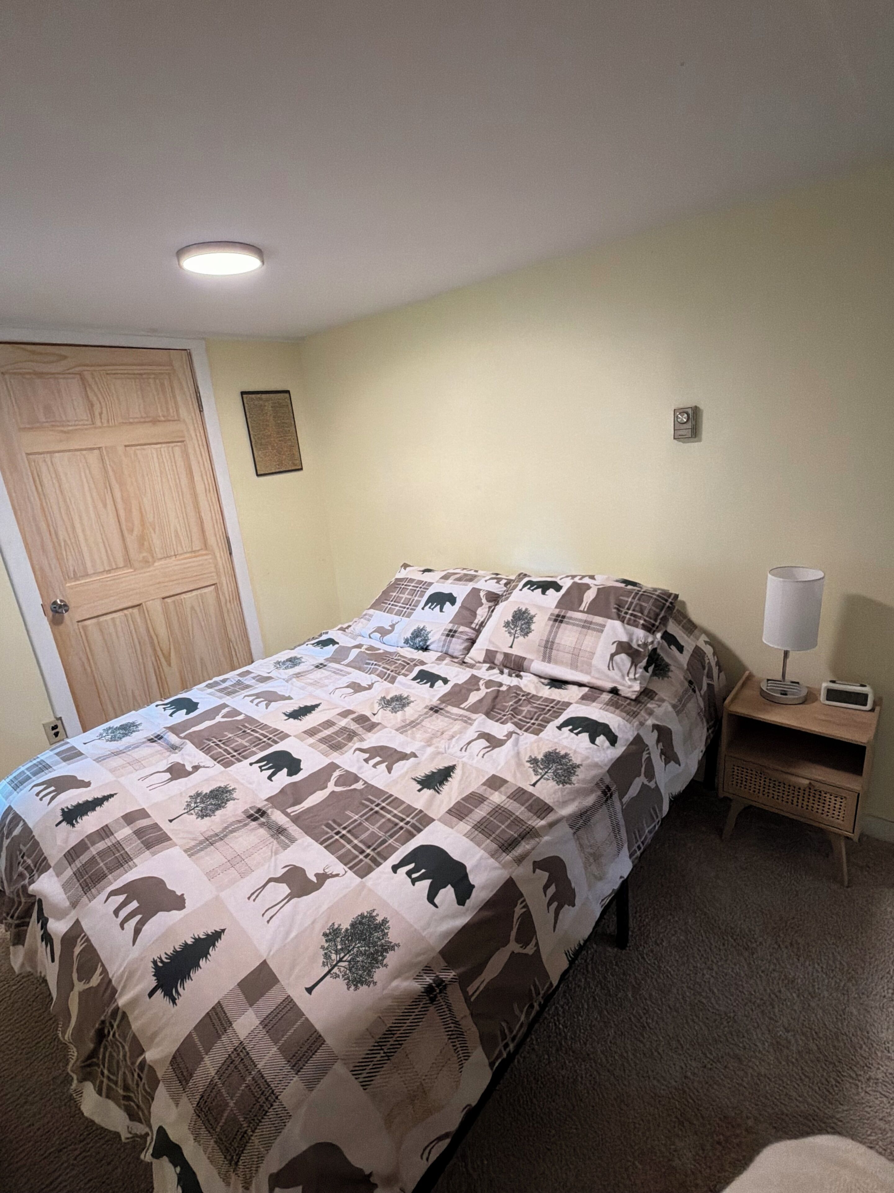 Et soveværelse med en seng, et natbord, en lampe, en dør og en vægmonteret lysarmatur.