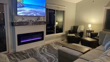 Smart TV, fireplace, video games, DVD player