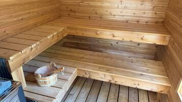 A wooden sauna with benches and a small wooden basin.