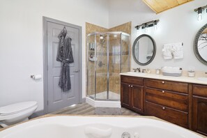 Bathtub, jetted bath, hair dryer, towels