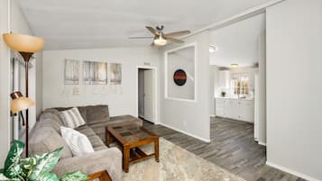 Smart TV, fireplace, DVD player, books