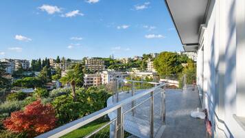 Un balcone con ringhiera in metallo che si affaccia su una zona residenziale con edifici e alberi.