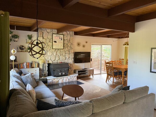 Smart TV, fireplace, video games, DVD player