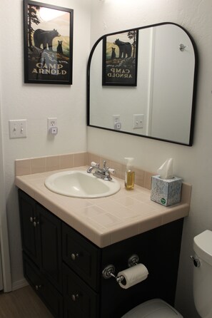 Combined shower/bathtub, towels, toilet paper