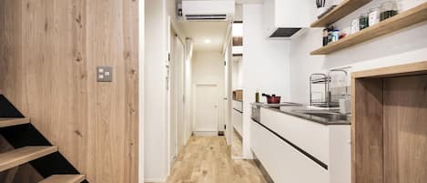 Fridge, microwave, toaster oven, cookware/dishes/utensils