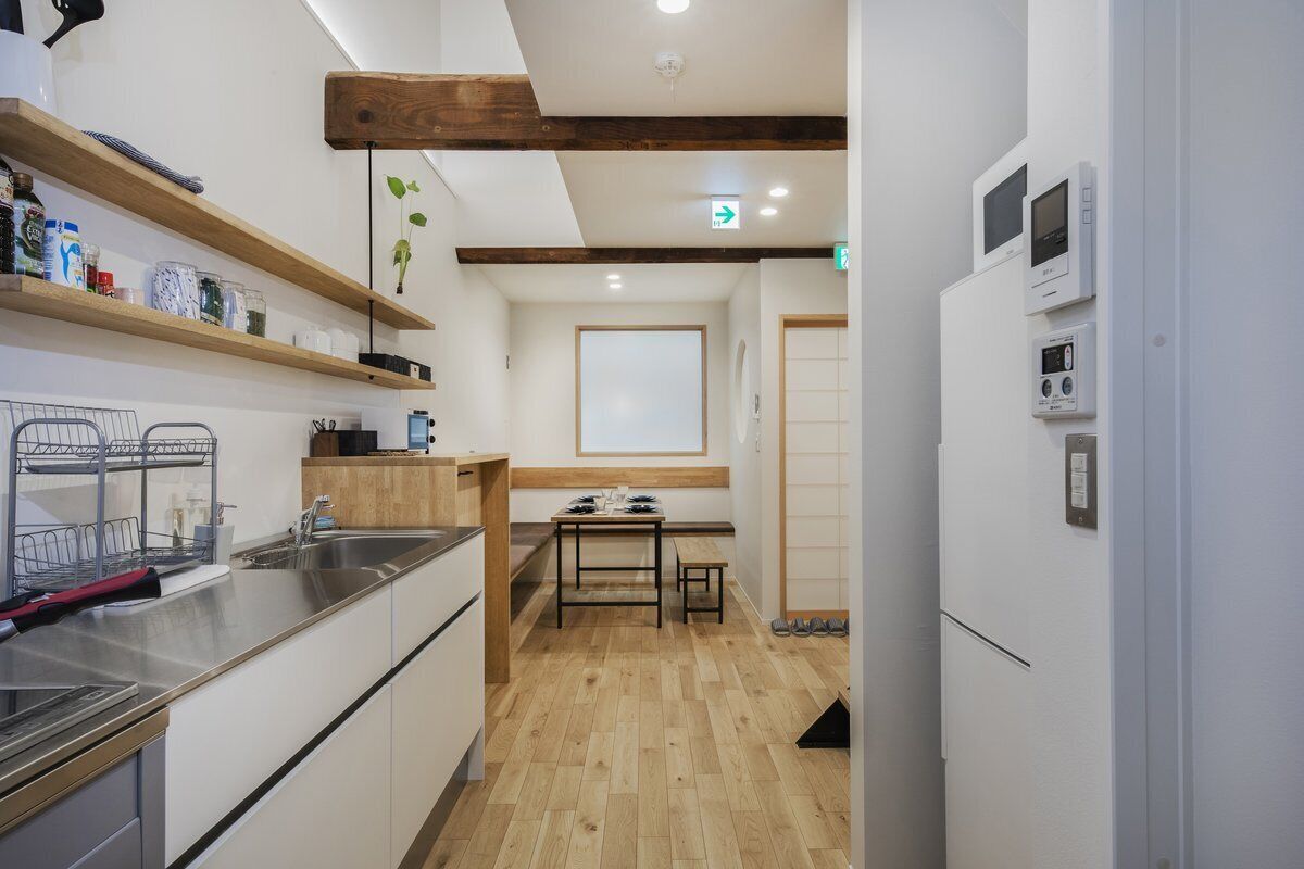 Fridge, microwave, toaster oven, cookware/dishes/utensils