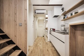 Fridge, microwave, toaster oven, cookware/dishes/utensils