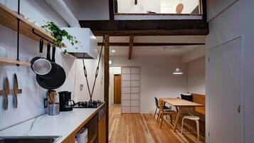 Fridge, microwave, cookware/dishes/utensils