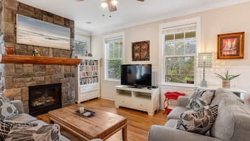 TV, fireplace, DVD player, books