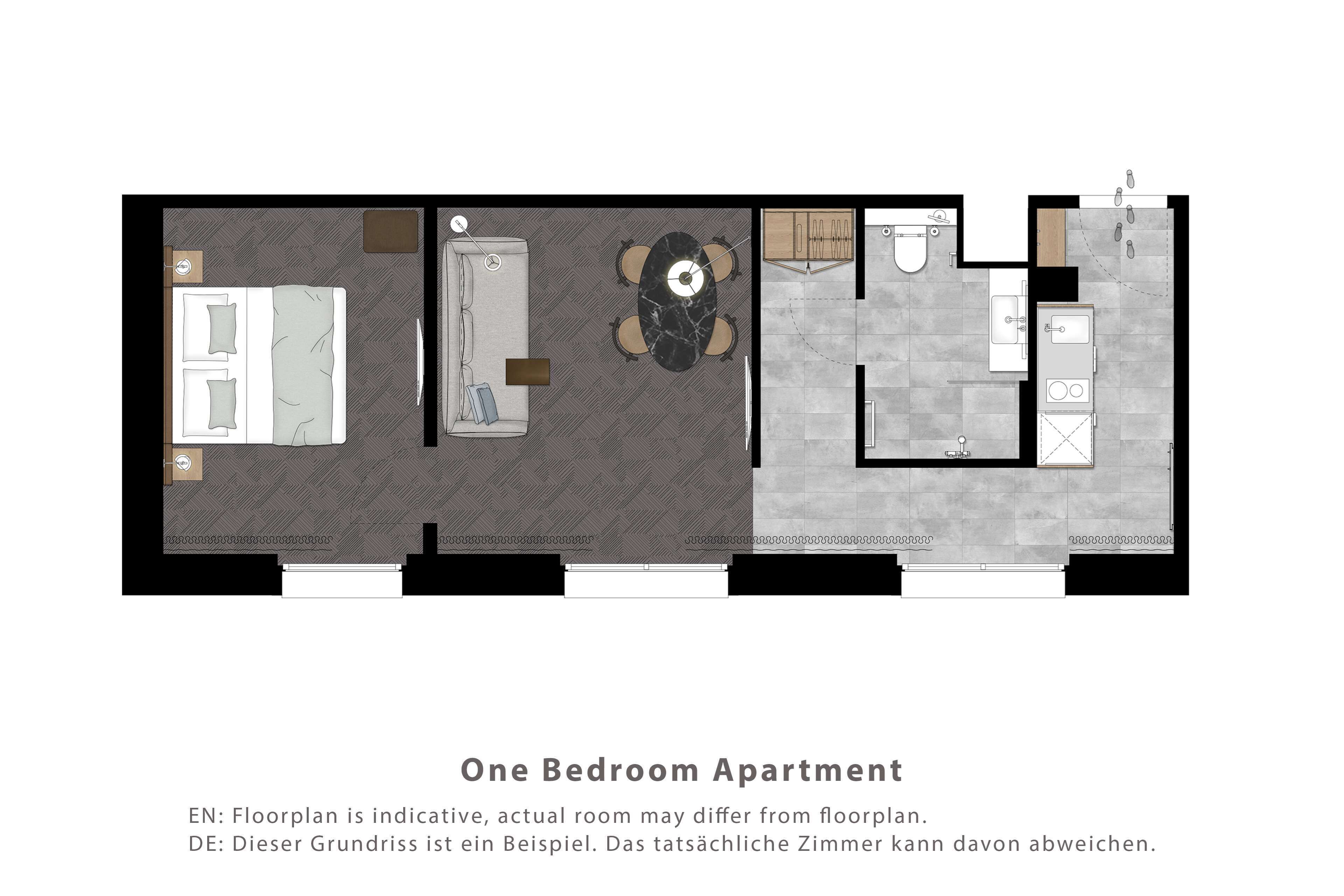 A one-bedroom apartment floor plan with a bed, a bathroom, a kitchen, and a dining area.
