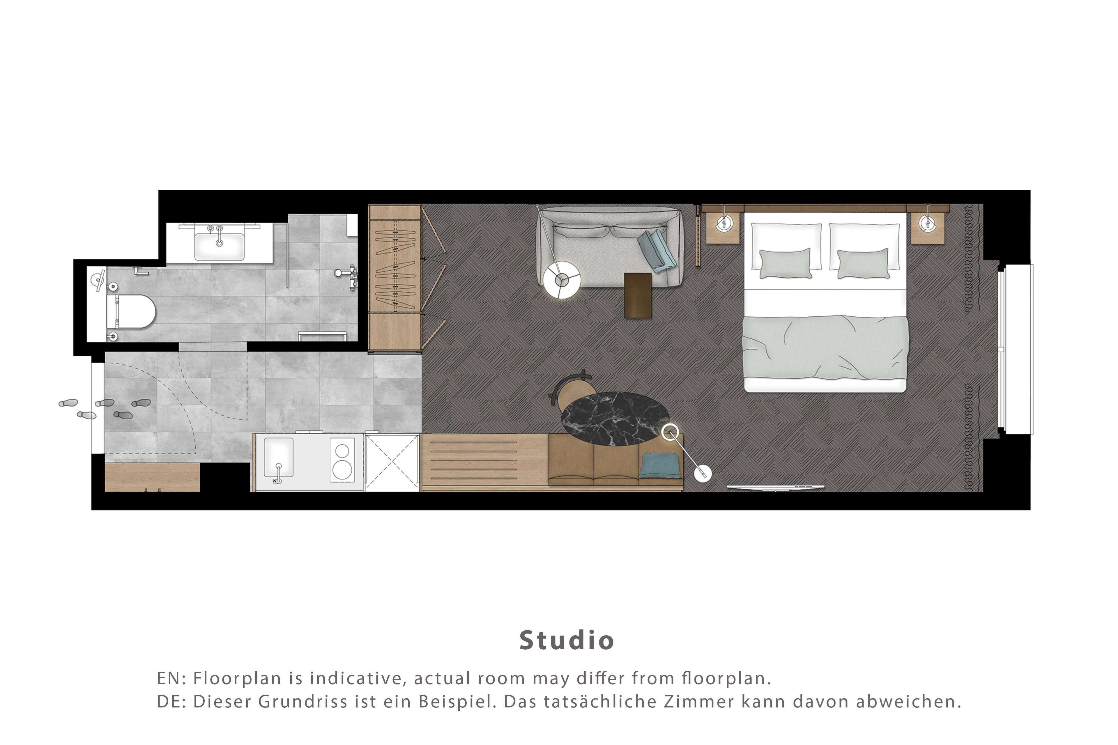 Een plattegrond van een studio-appartement met een kitchenette, een badkamer, een woongedeelte met een bank en een eettafel, en een apart slaapgedeelte met een bed.