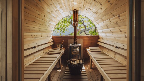 A sauna with wooden benches, a central heater, and a view of trees through a semi-circular window.