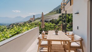 A balcony with a wooden table and chairs, a potted plant, and a view of vineyards and mountains.