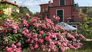 Un edificio con fachada roja, un balcón y un jardín con flores rosadas.