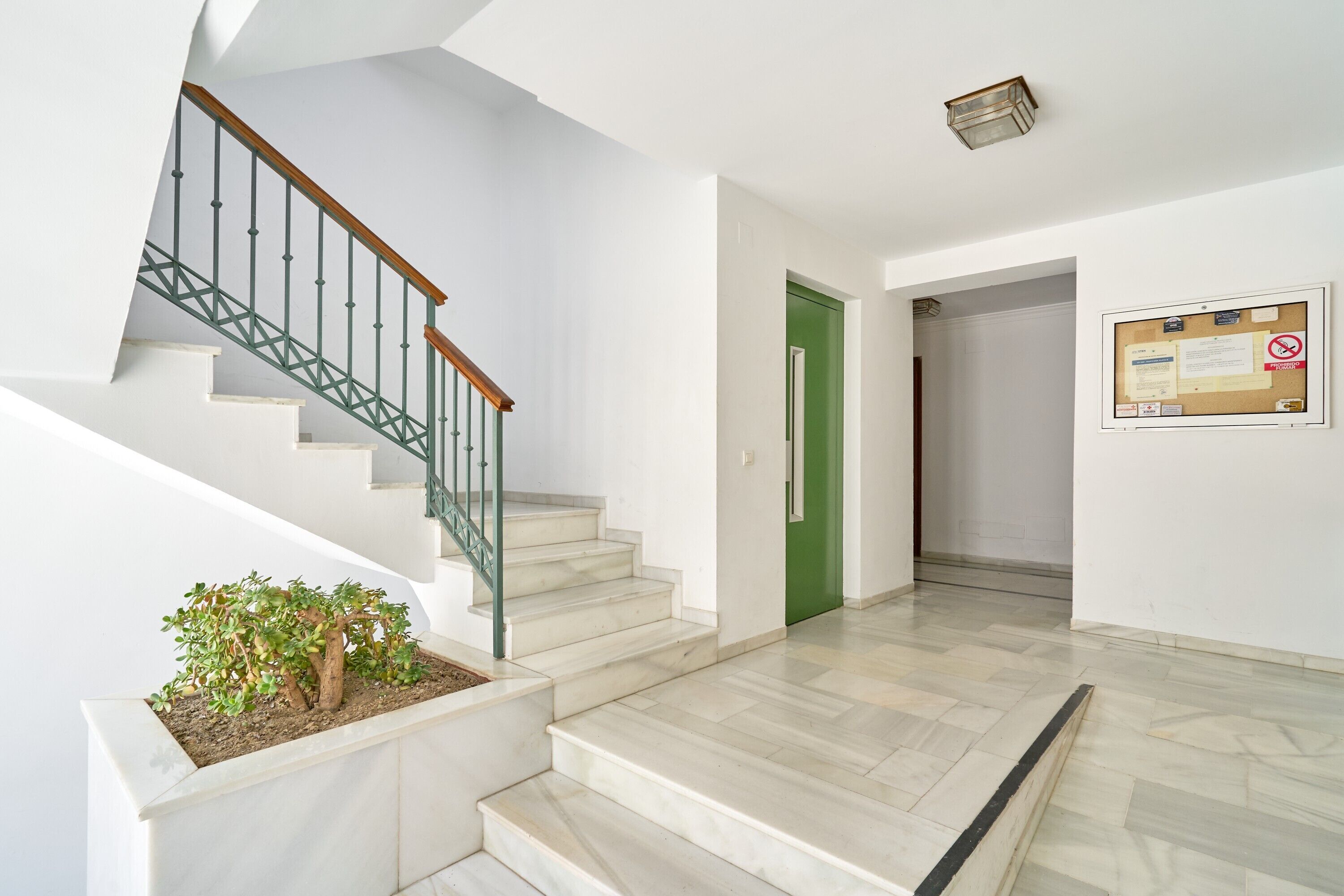 A staircase with a green door, a bulletin board, and a plant.