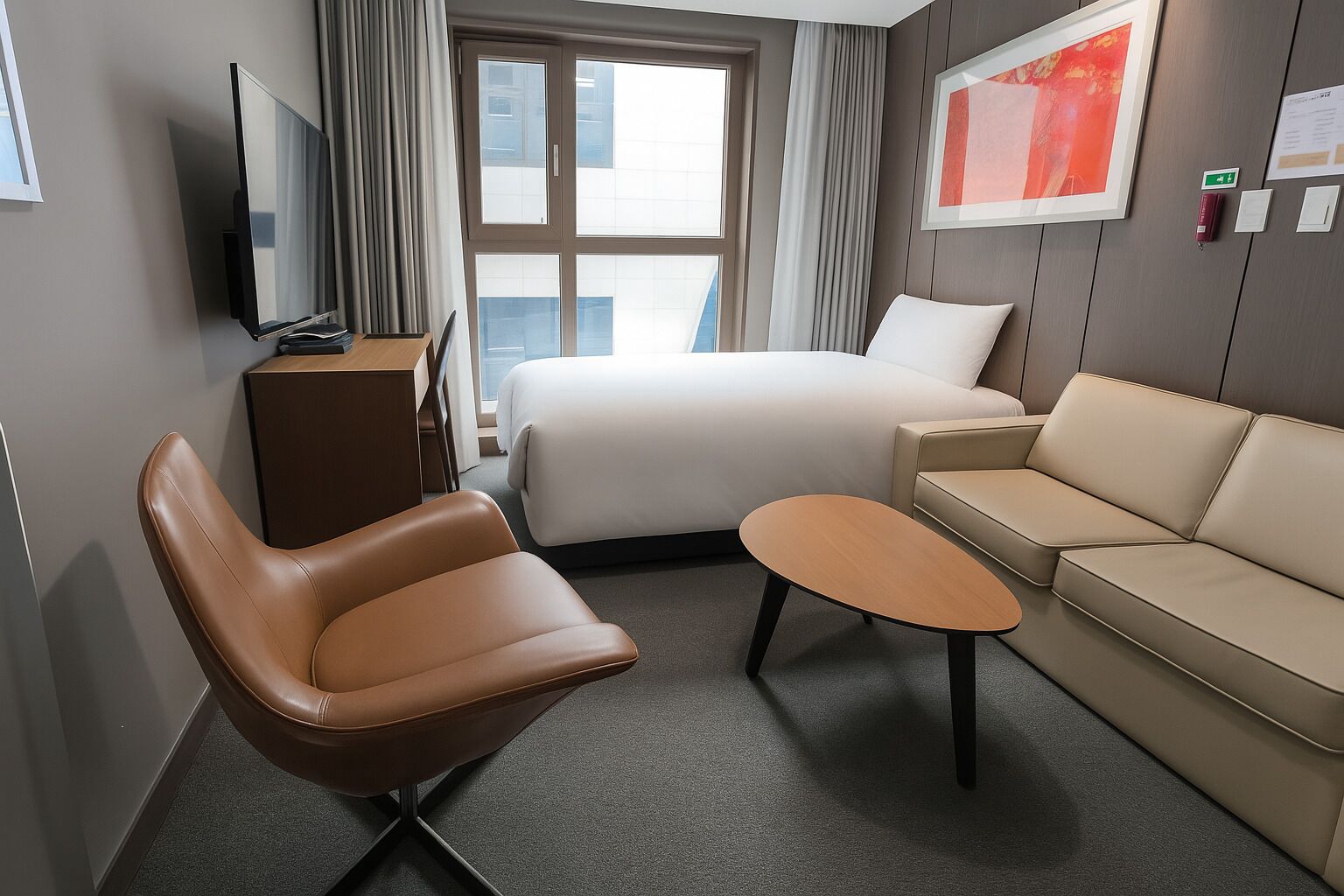 A hotel room with a bed, a sofa, a chair, a small table, a TV, and a window with curtains.