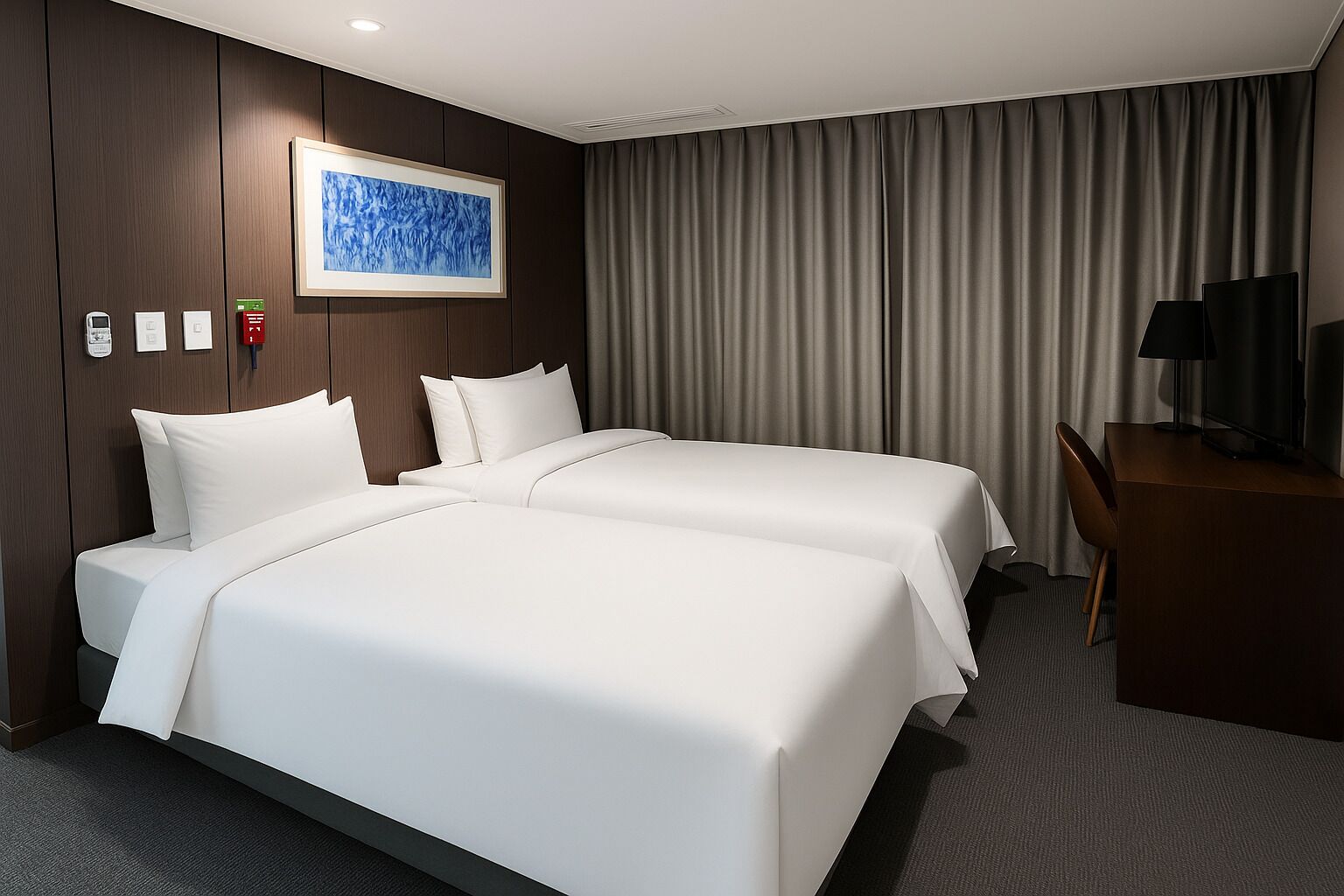 A hotel room with two beds, a desk, a chair, a television, and a framed artwork on the wall.