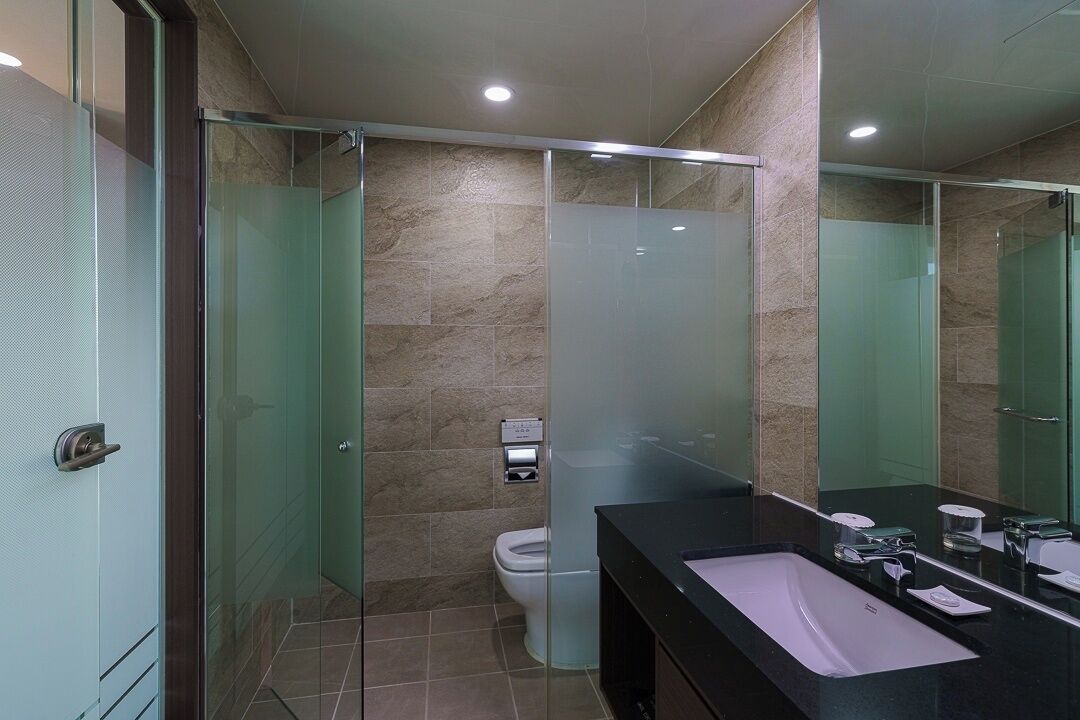 A modern bathroom with a glass shower enclosure, a toilet, and a black sink with a mirror.
