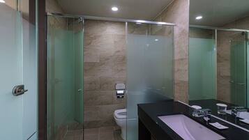A modern bathroom with a glass shower enclosure, a toilet, and a black sink with a mirror.