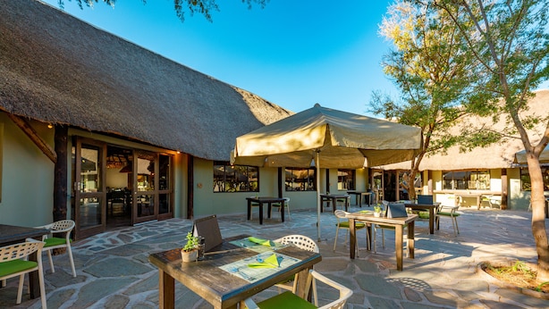 An outdoor patio with stone flooring, wooden tables, and chairs, some with green cushions.