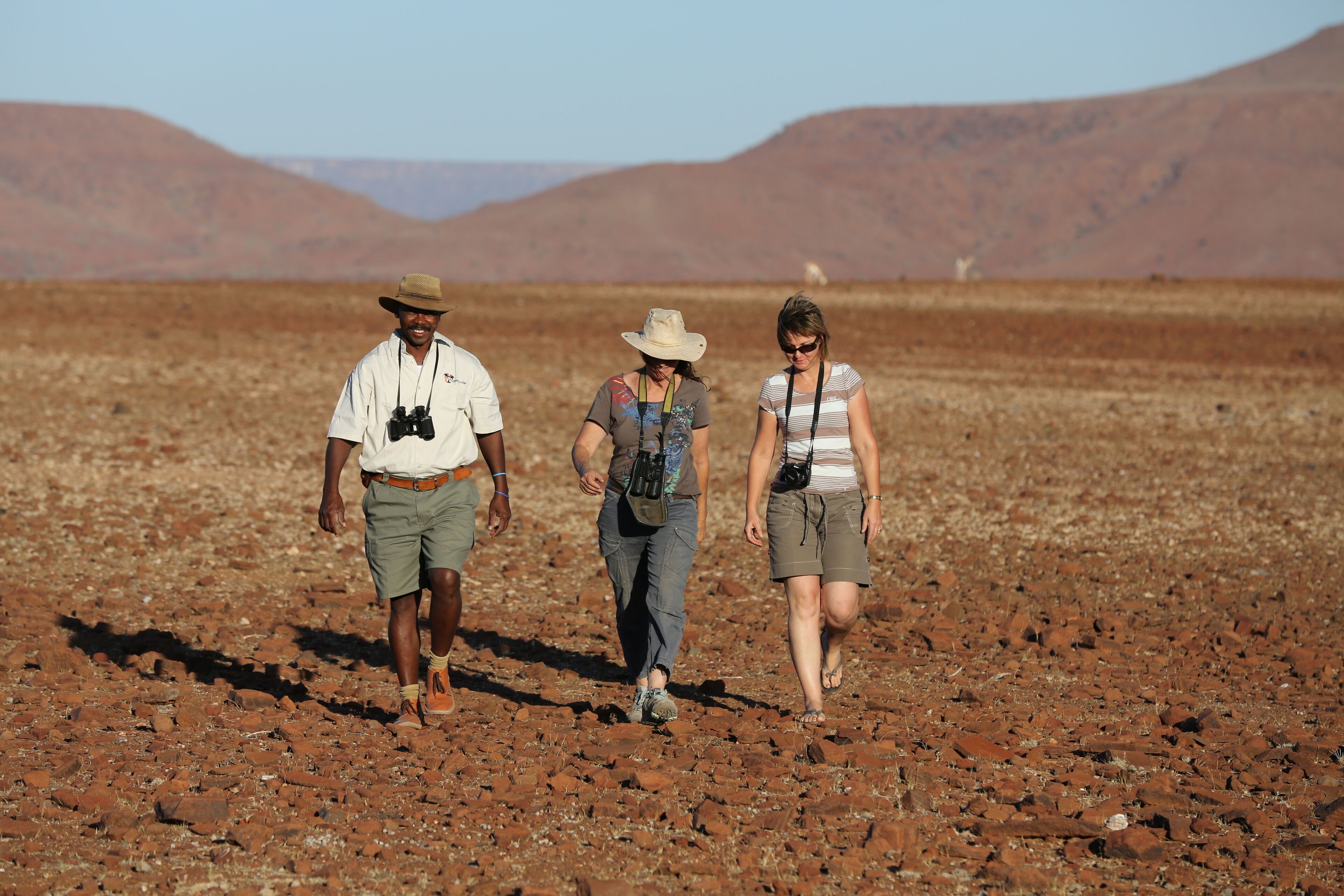 Three people walking on a rocky terrain with a desert landscape in the background.