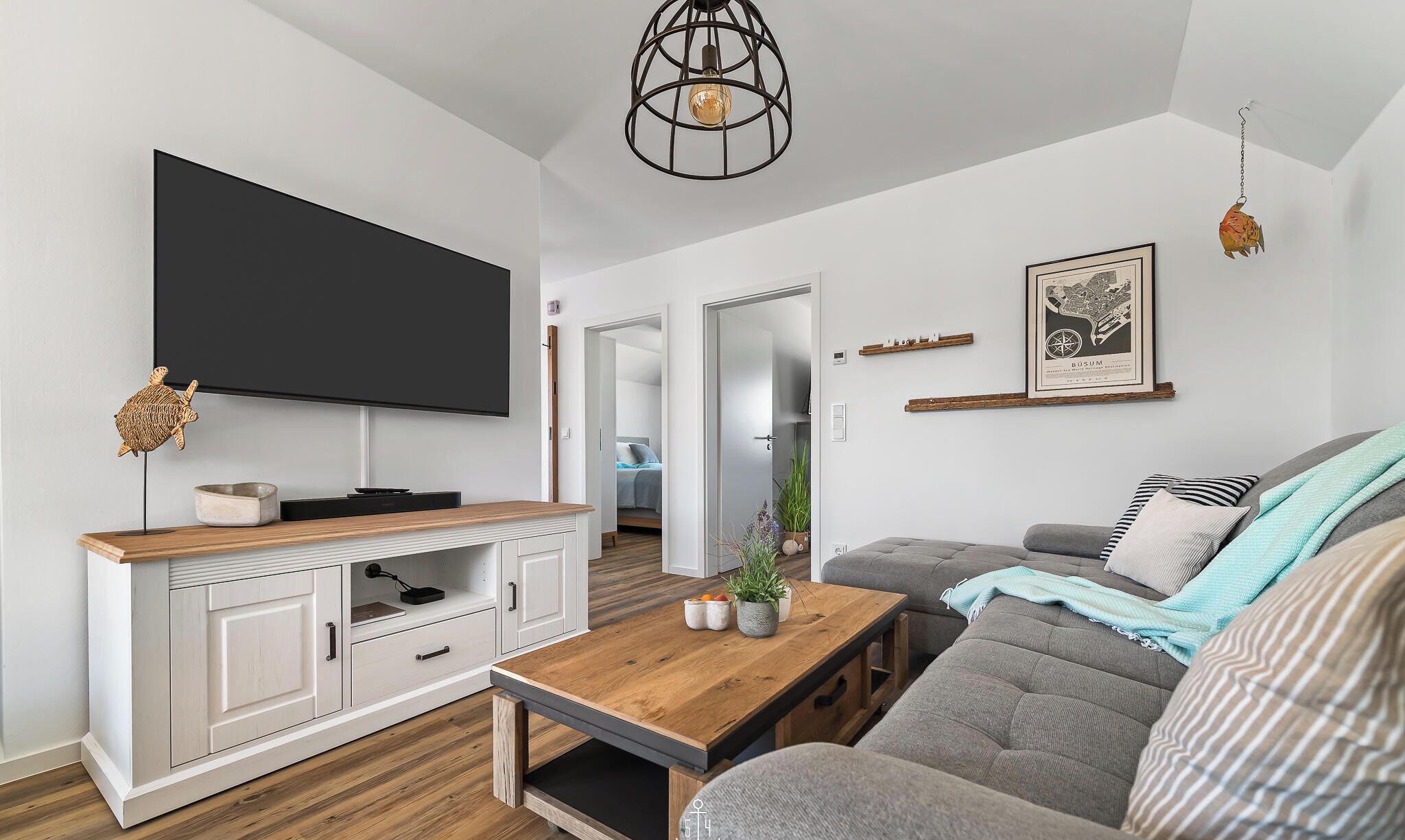 TV, fireplace, video library