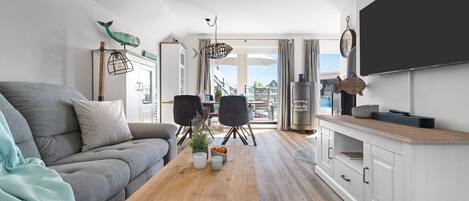 TV, fireplace, video library