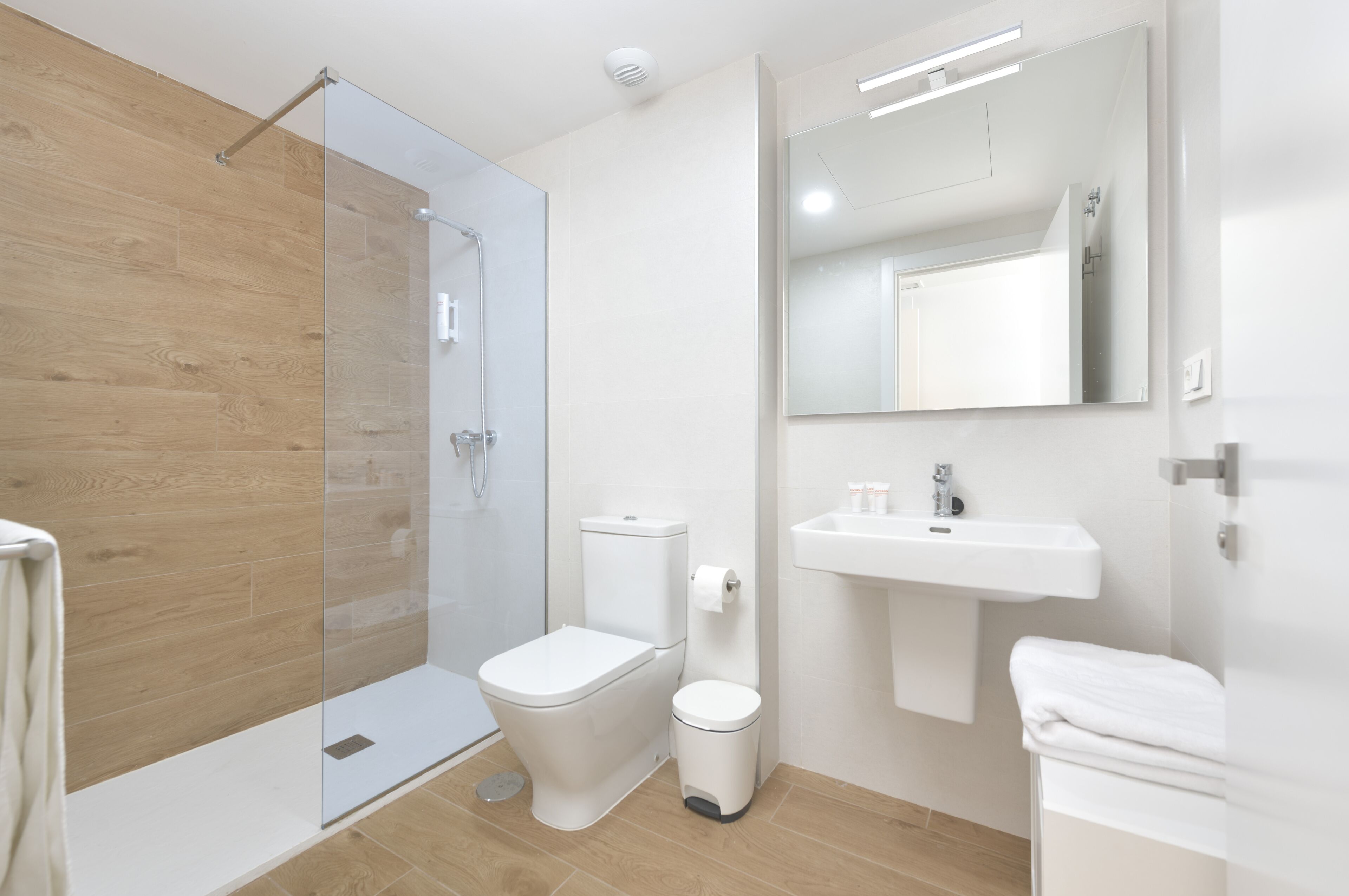 A modern bathroom with a glass shower enclosure, a toilet, a sink, and a mirror.
