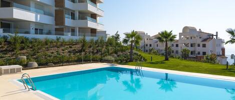 A swimming pool with a clear blue water, surrounded by a concrete deck. There are multiple balconies on the adjacent buildings, and palm trees are visible in the background.