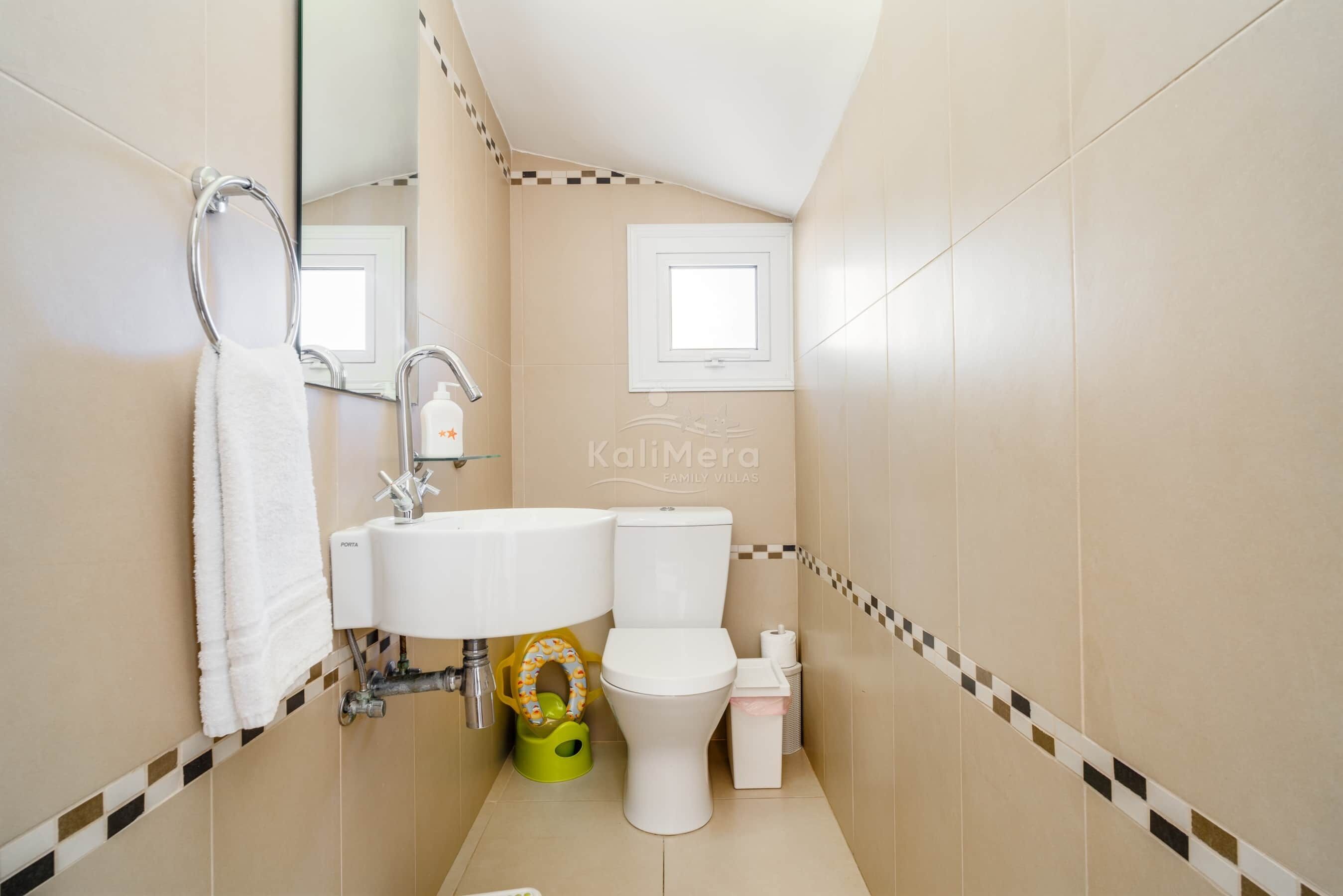 Une petite salle de bain avec des toilettes, un lavabo et un porte-serviettes.