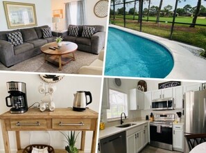 Relax in a comfortable living space, swim in the pool, cook in the modern kitchen, and dine with a view.