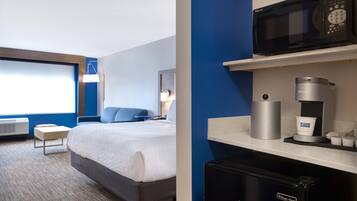 Desk, laptop workspace, blackout drapes, iron/ironing board