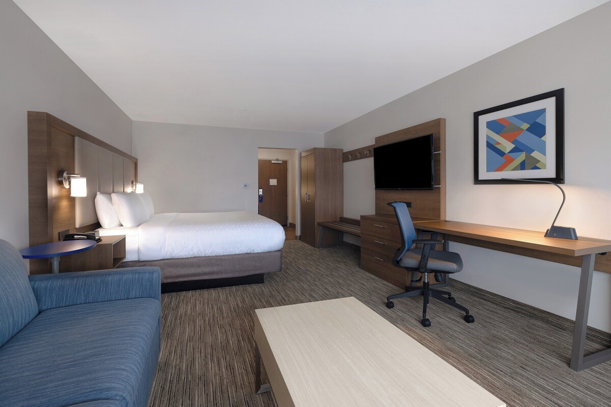 Une chambre d’hôtel avec un lit, un bureau, une chaise, une télévision et un tableau au mur.